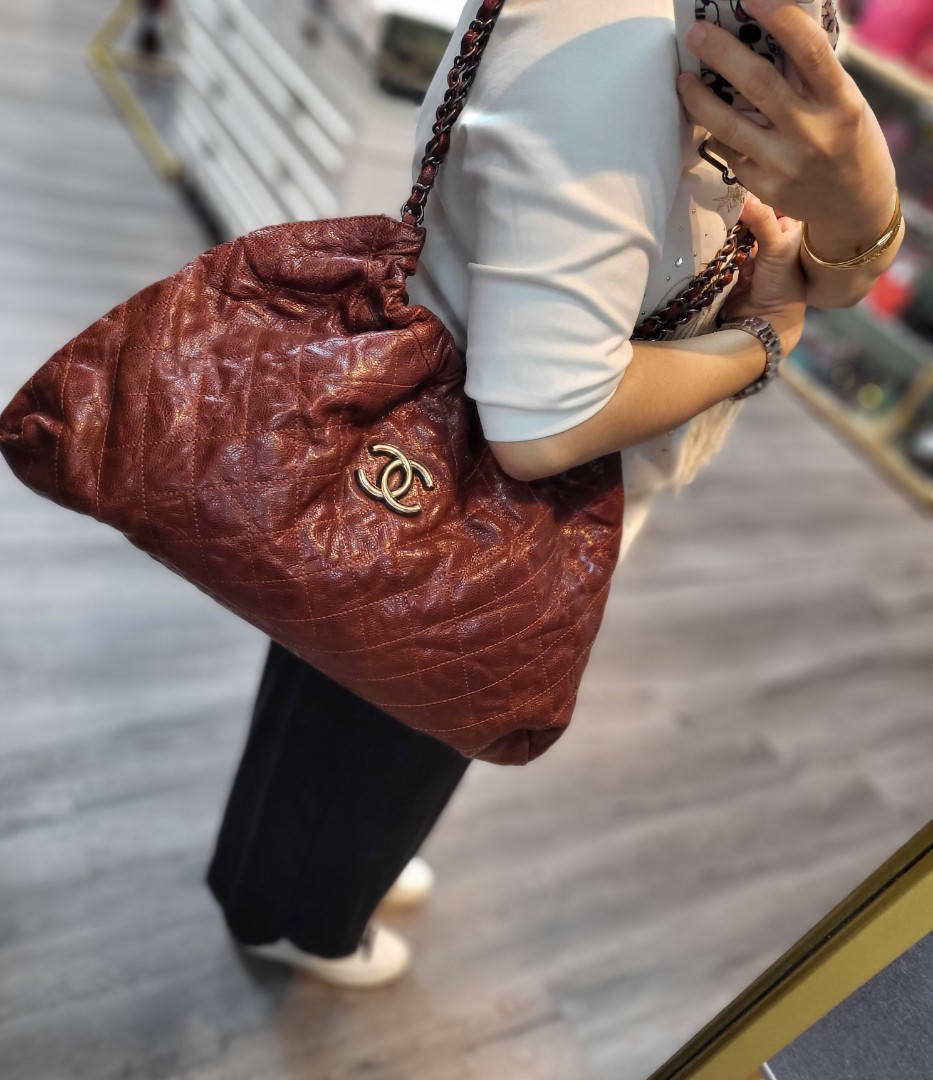 CHANEL Dark Brown Glazed Leather On the Road Tote Bag