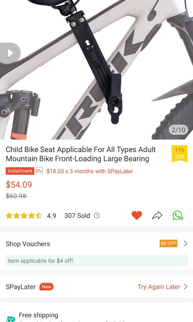 Child Bike Seat Applicable For All Types Adult Mountain Bike Front-Loading Large Bearing (Category: Parts & Accessories) located in Singapore. Submitted by kelawar.malam (Listing ID 1166976020, Image 1). Description: BNIB! Bought but never get the chance.. Refer to the link below for more informations: https://shopee.sg/product/173508019/6245465041?smtt=0.22259113-1655387749.9.