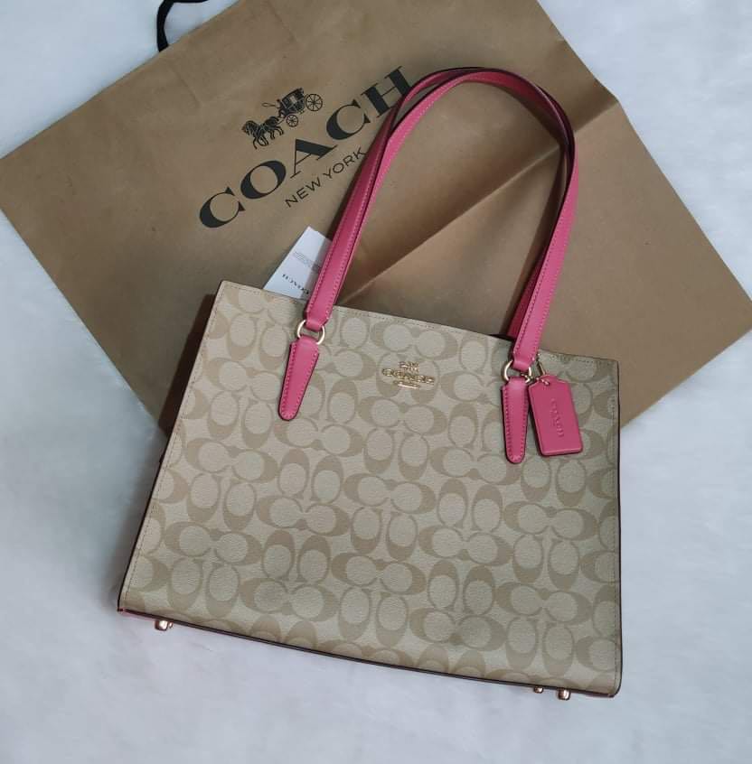 Coach+Tatum+Carryall+Khaki+Signature+Canvas+Confetti+Pink+Leather+Handbag+Nwt428  for sale online