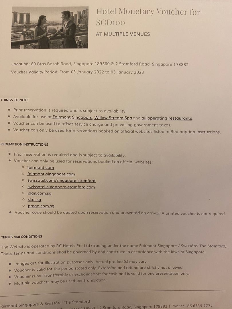 Fairmont Singapore $100 Vouchers 