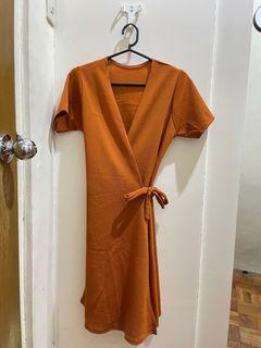 [No Brand] Brick Orange Wrap Dress with Ribbon