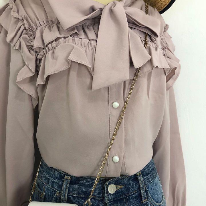 Ruffle bow blouse top korean, Fesyen 