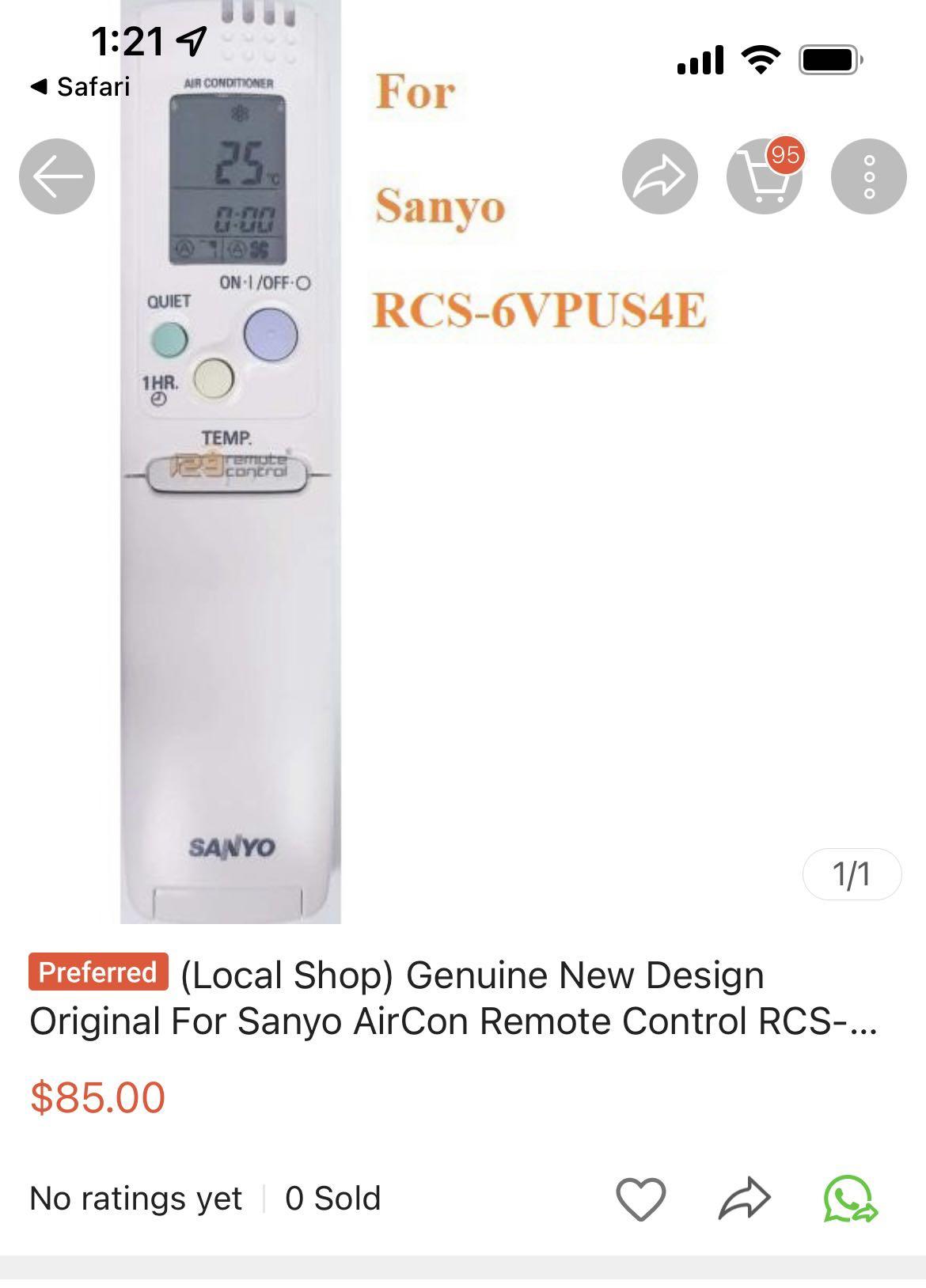 Sanyo Aircon Remote Control RCS 6VPUS4E, TV & Home Appliances, Air