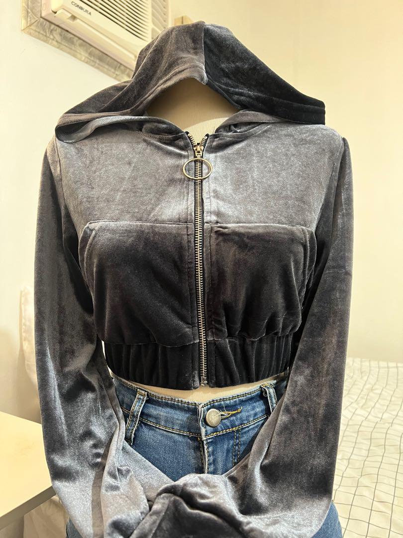 Cropped velvet zip up hoodie clearance
