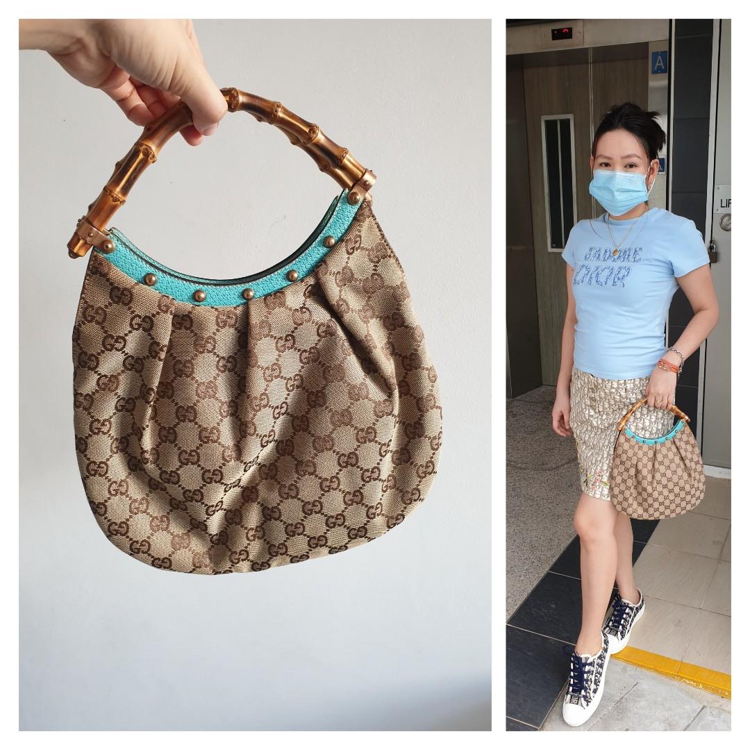 Vintage RARE Gucci GG Monogram Bamboo Handle Small Hobo Bag