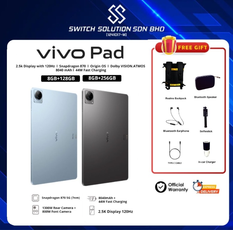 Vivo Pad 2022 WIFI Tablet (8GB RAM + 128GB/256GB ROM) ) 11-inches
