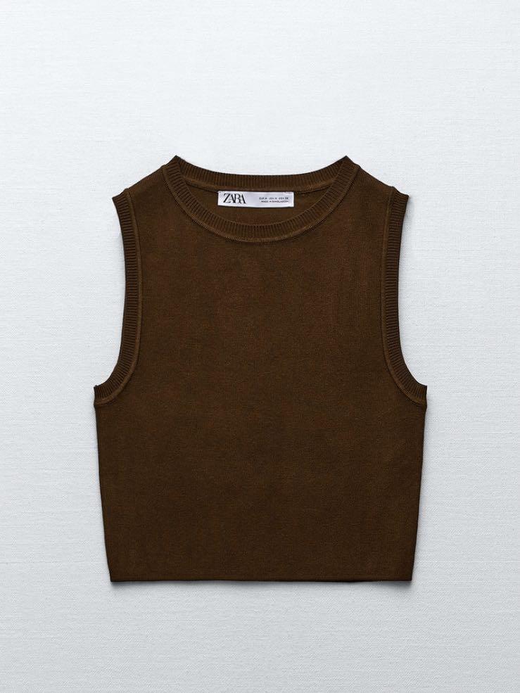 Zara basic cropped knit top in chocolate, Women's Fashion, Tops, Sleeveless  on Carousell