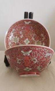 紅洋蓮🦋花雙囍。碗∅12.5cm, 碟∅14cm