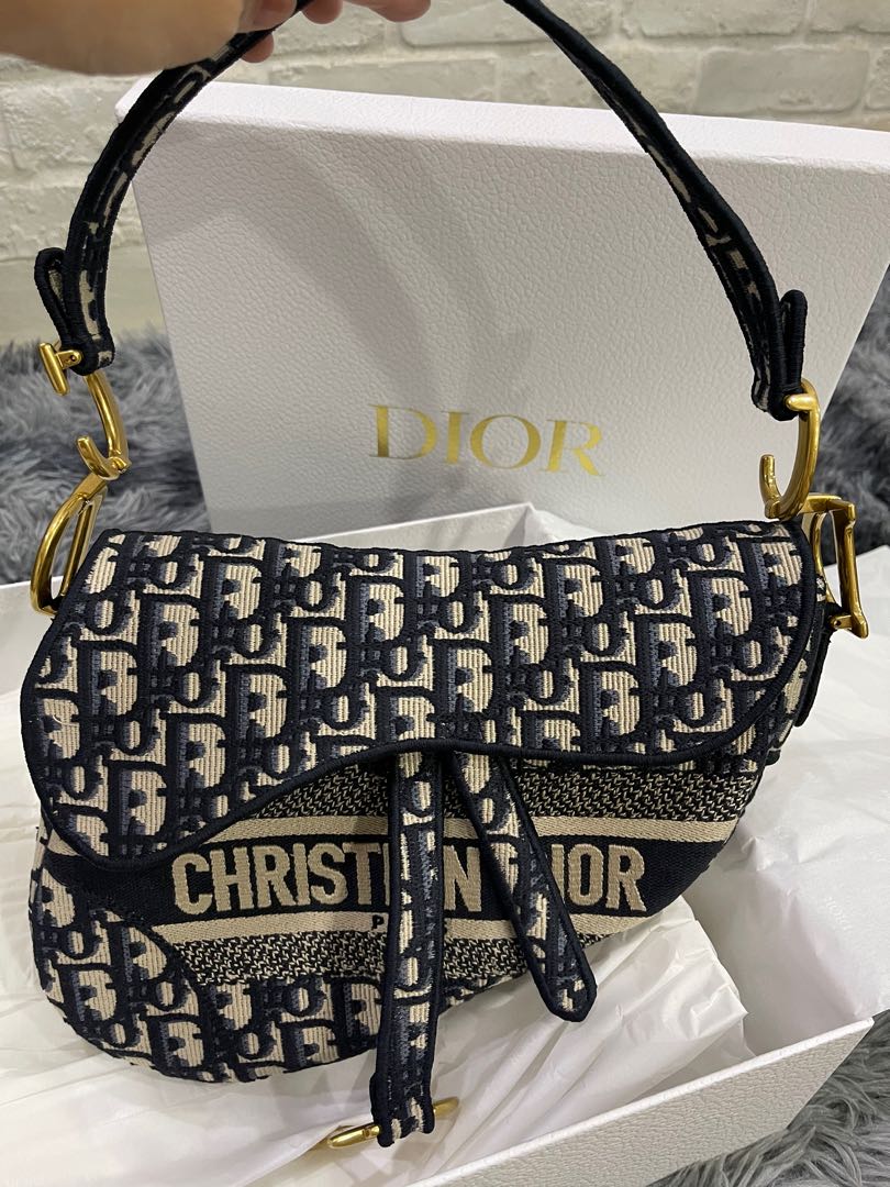 Dior Saddle Bag Dior Oblique Embroidery Blue in Canvas with Gold