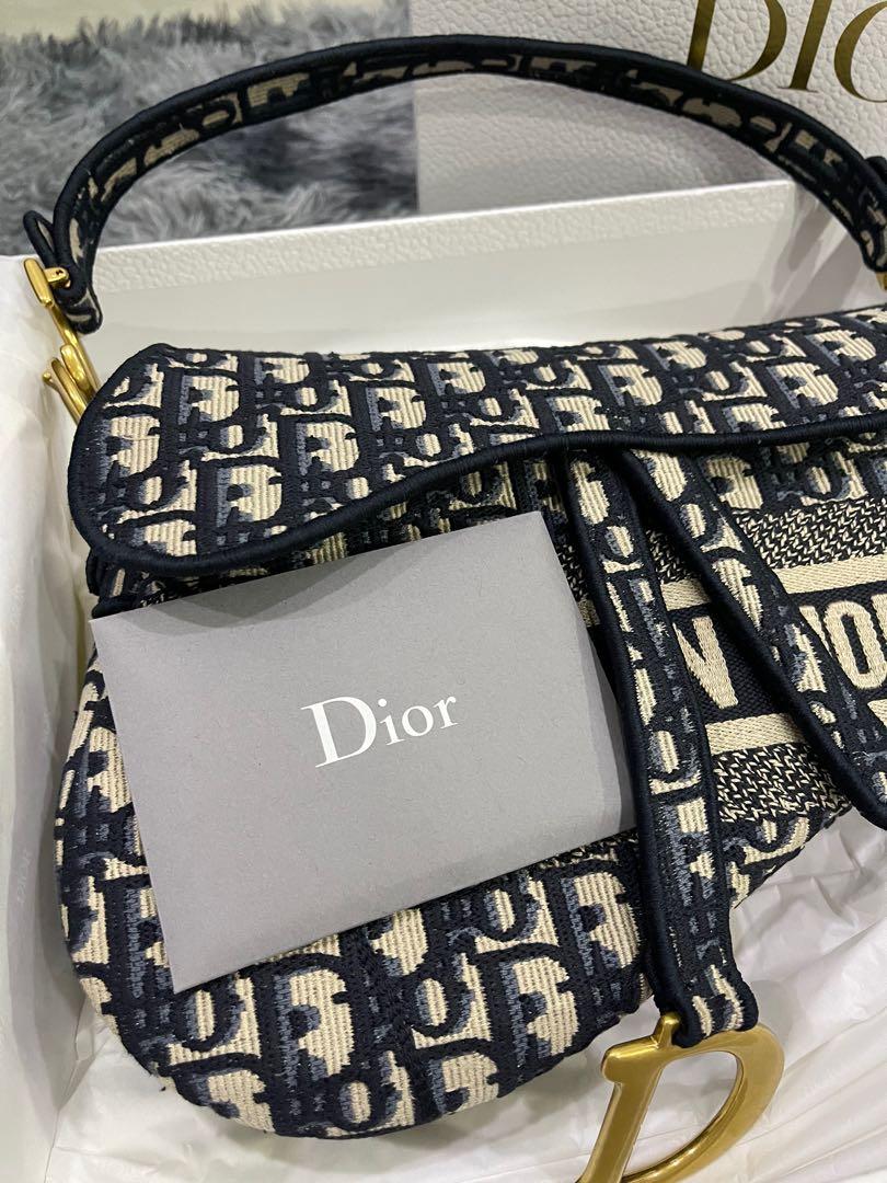 Authentic Blue Dior Oblique Embroidery Saddle Bag, Luxury, Bags ...
