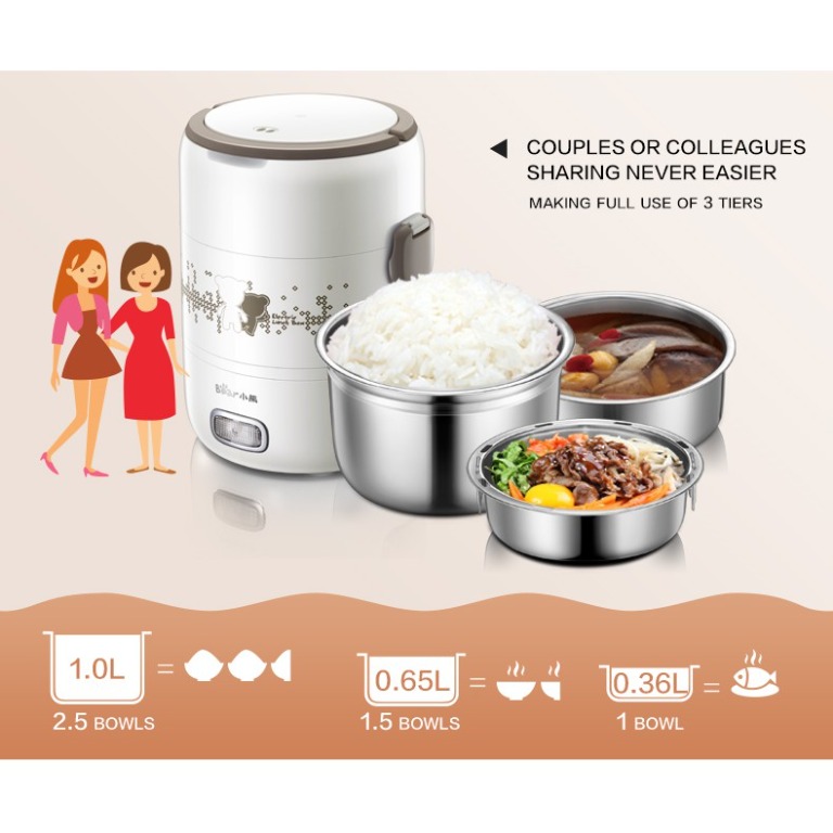 Bear Electric Heating Lunch Box Portable Personal Meal Heater 2L, Steam