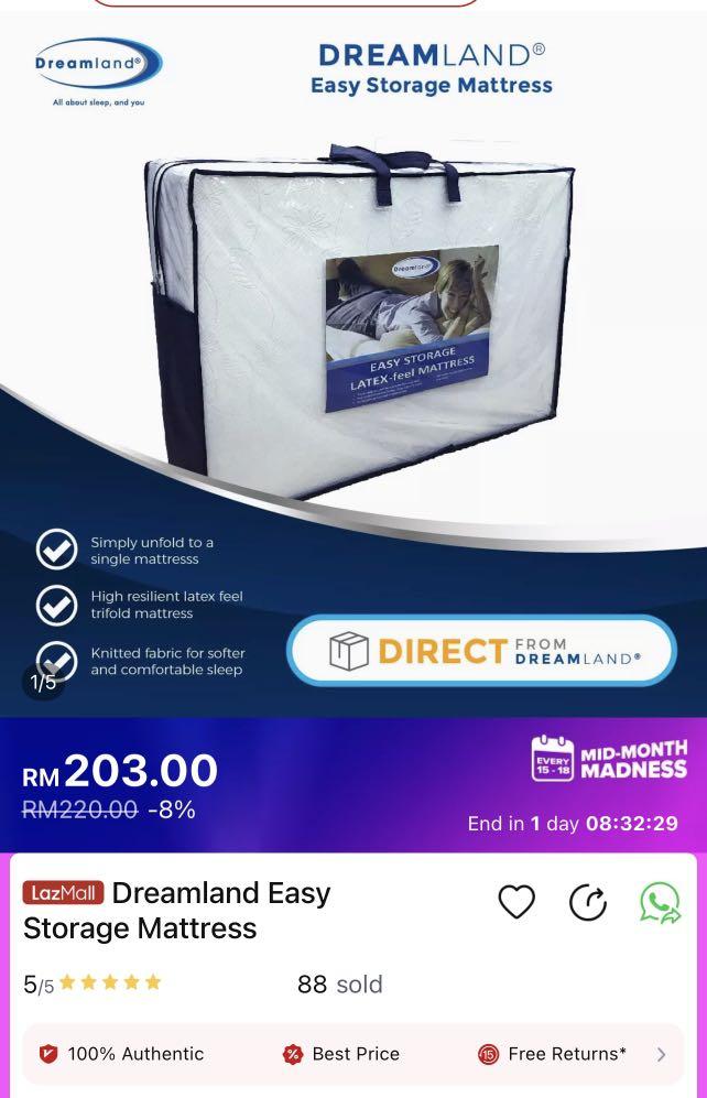 Dreamland easy storage premium foldable latex mattress. Katil lip Tilam, Furniture & Home Living