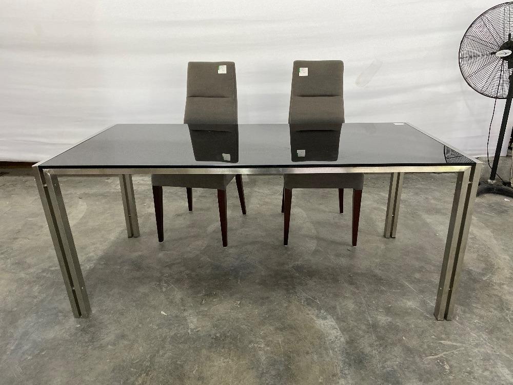 Glass Top Steel Frame Dining Table with 6 Fabric Chair Set / Meja Makan
