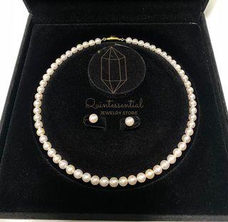 Hanadama Japanese Akoya Pearl Set of Choker Necklace Earrings K18 Japan Gold