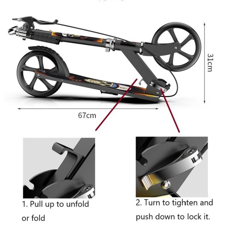 Kick Scooter Adults and Kids Skateboard, 2 Wheels, Adjustable, Foldable, up to 100KG, Sports