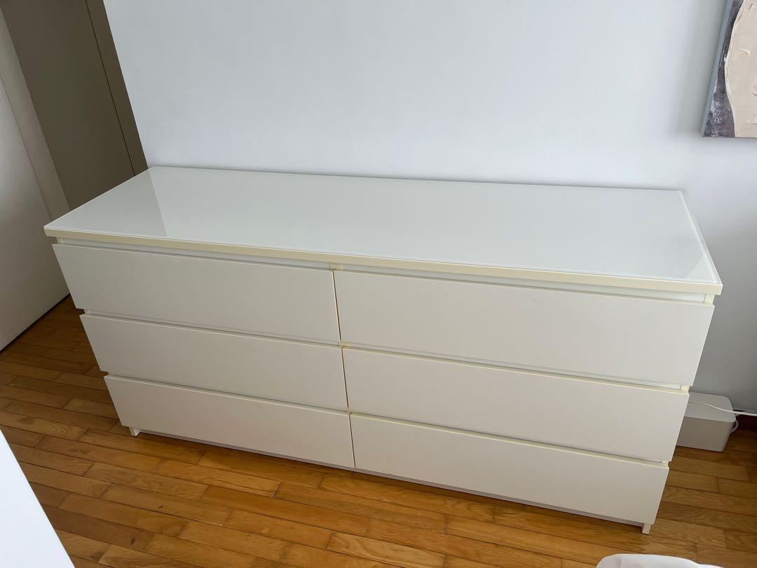 Malm 6 drawer dresser with glass top, Furniture & Home Living