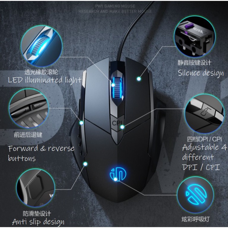 Silent USB wired mouse for gaming. No clicking sound mouse to disturb