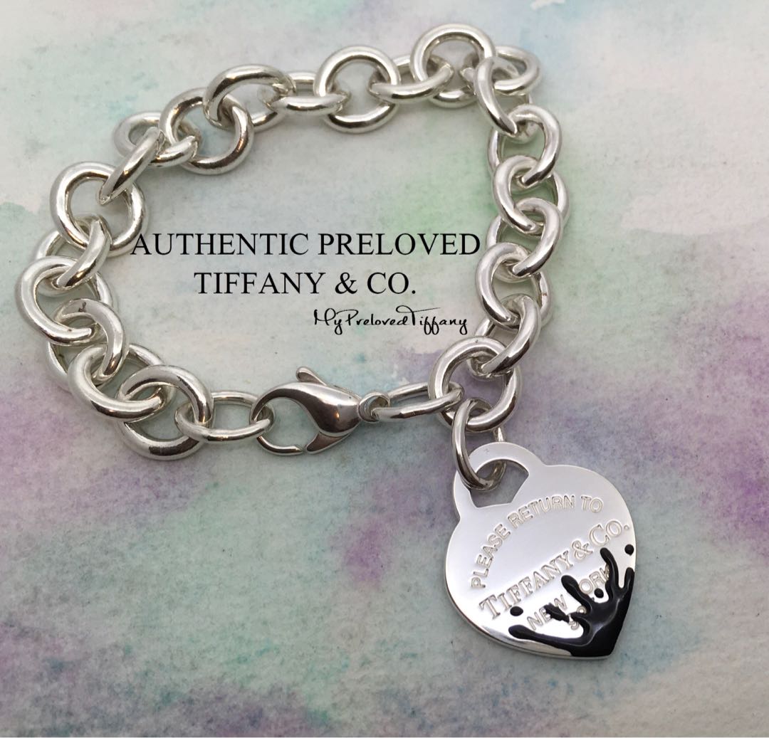 Tiffany Co. Return To Black Enamel Splash Heart Link Silver
