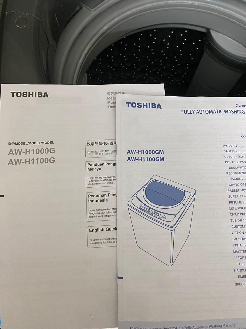 Toshiba fully auto washing machine model AWH1000G (10kg), TV & Home