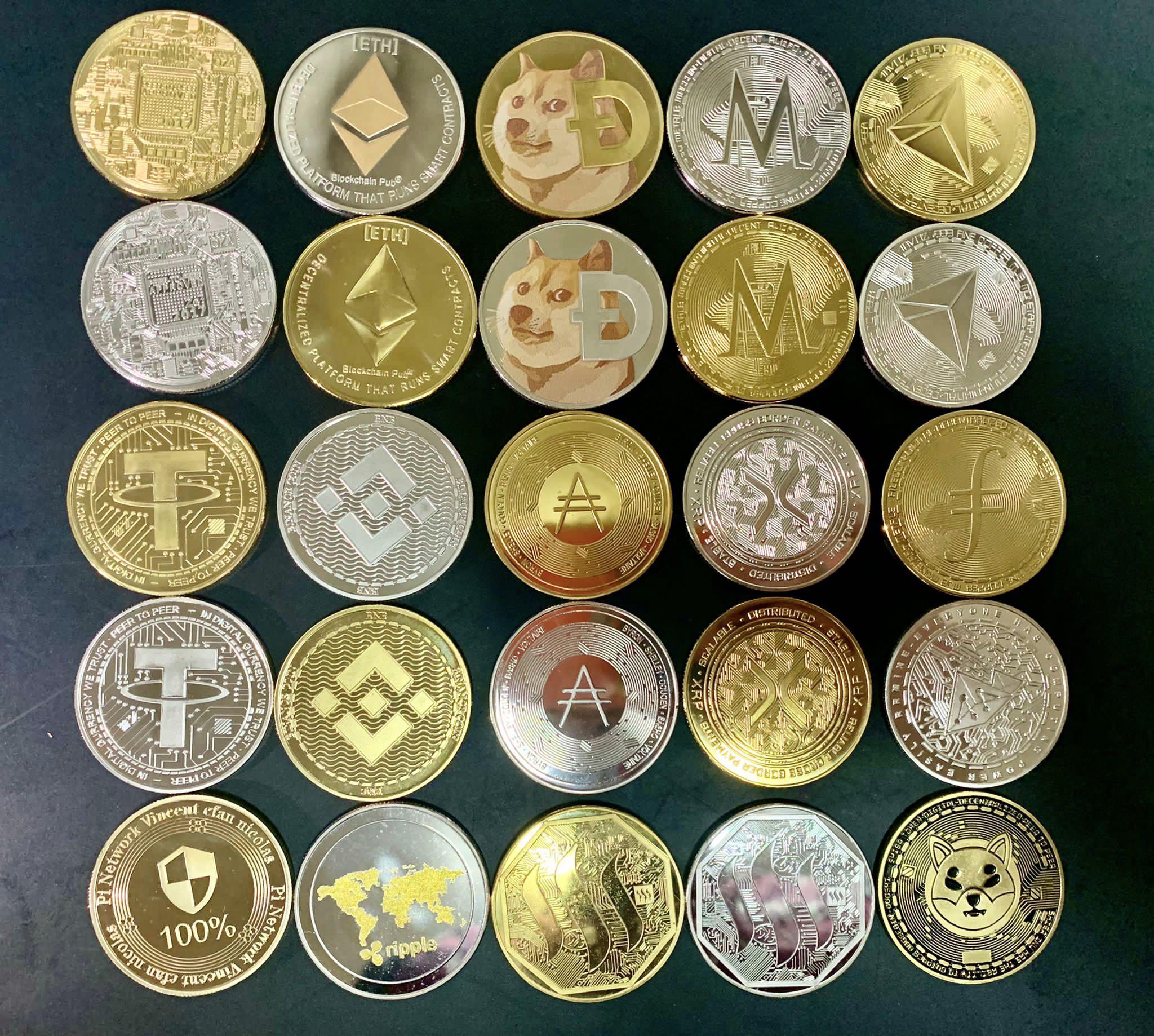 虛擬貨幣紀念幣$25個, 10個送1個, 整套25個$390 Bitcoin/Ether/Binance  Coin/Dogecoin/Tron/Ripple/ADA/stellar XLM/Monero/USDT/ SHIB/Filecon /pi  /steem 比特幣, 以太幣, 狗狗幣