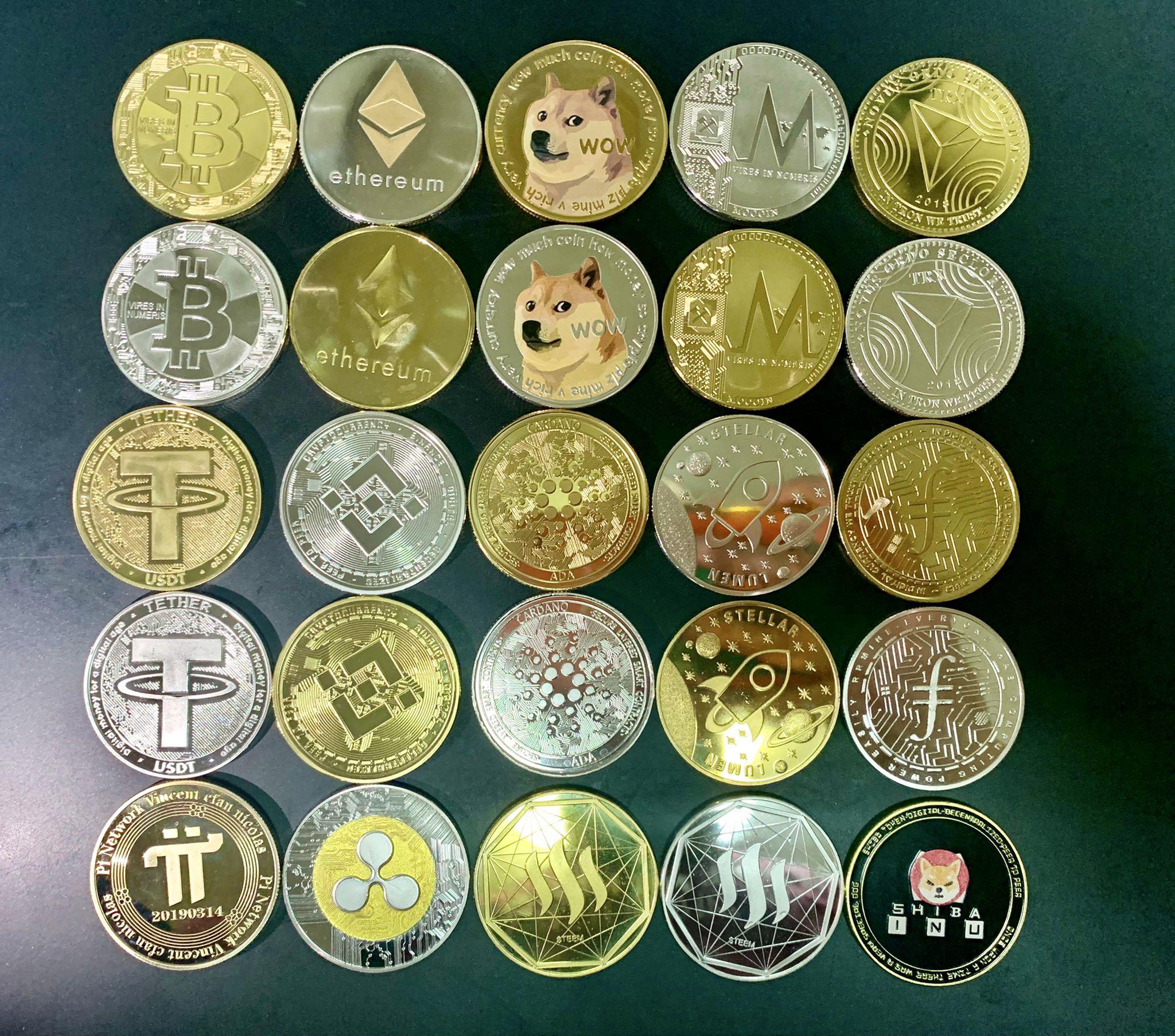 虛擬貨幣紀念幣$25個, 10個送1個, 整套25個$390 Bitcoin/Ether/Binance  Coin/Dogecoin/Tron/Ripple/ADA/stellar XLM/Monero/USDT/ SHIB/Filecon /pi  /steem 比特幣, 以太幣, 狗狗幣
