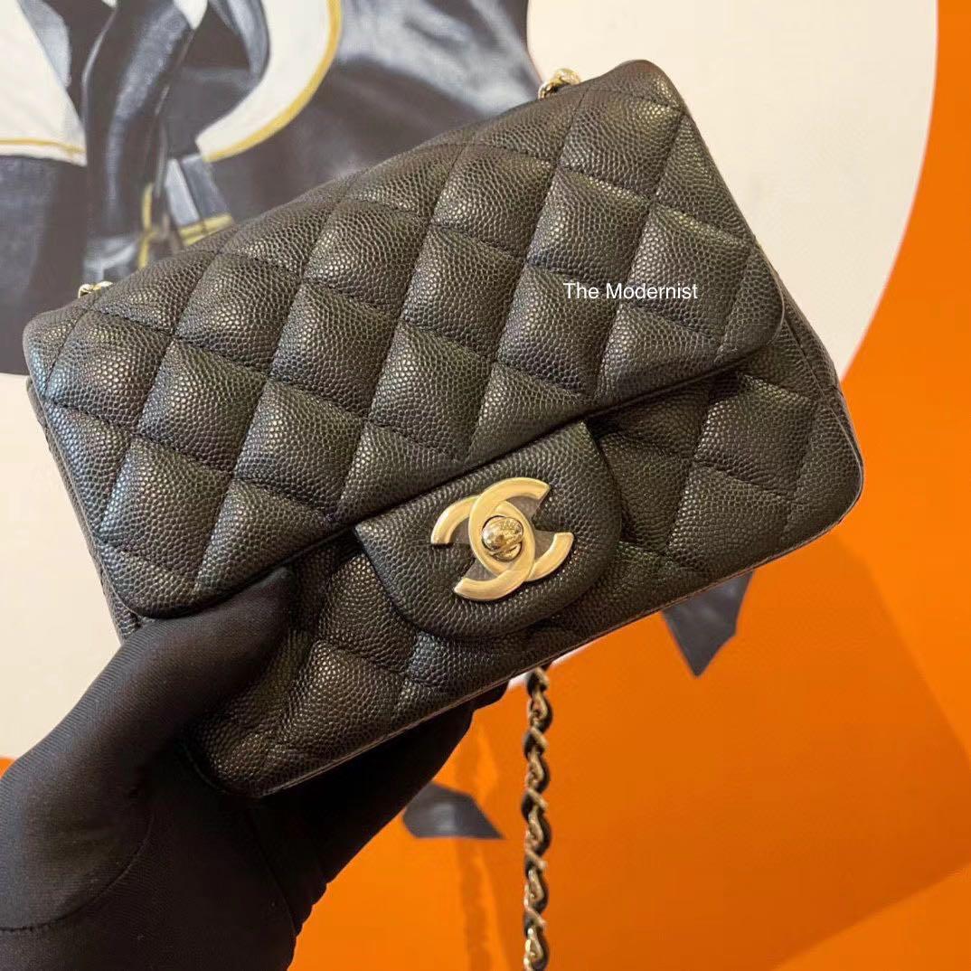 Authentic Chanel Square Mini Flap Bag Black Caviar Grained