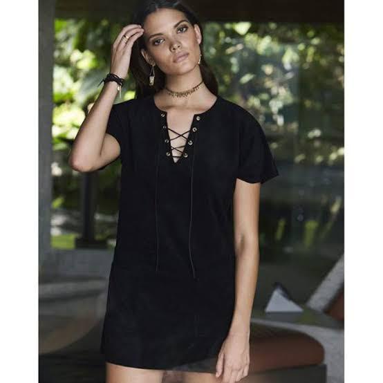 Black lace up shirt dress, Fesyen 