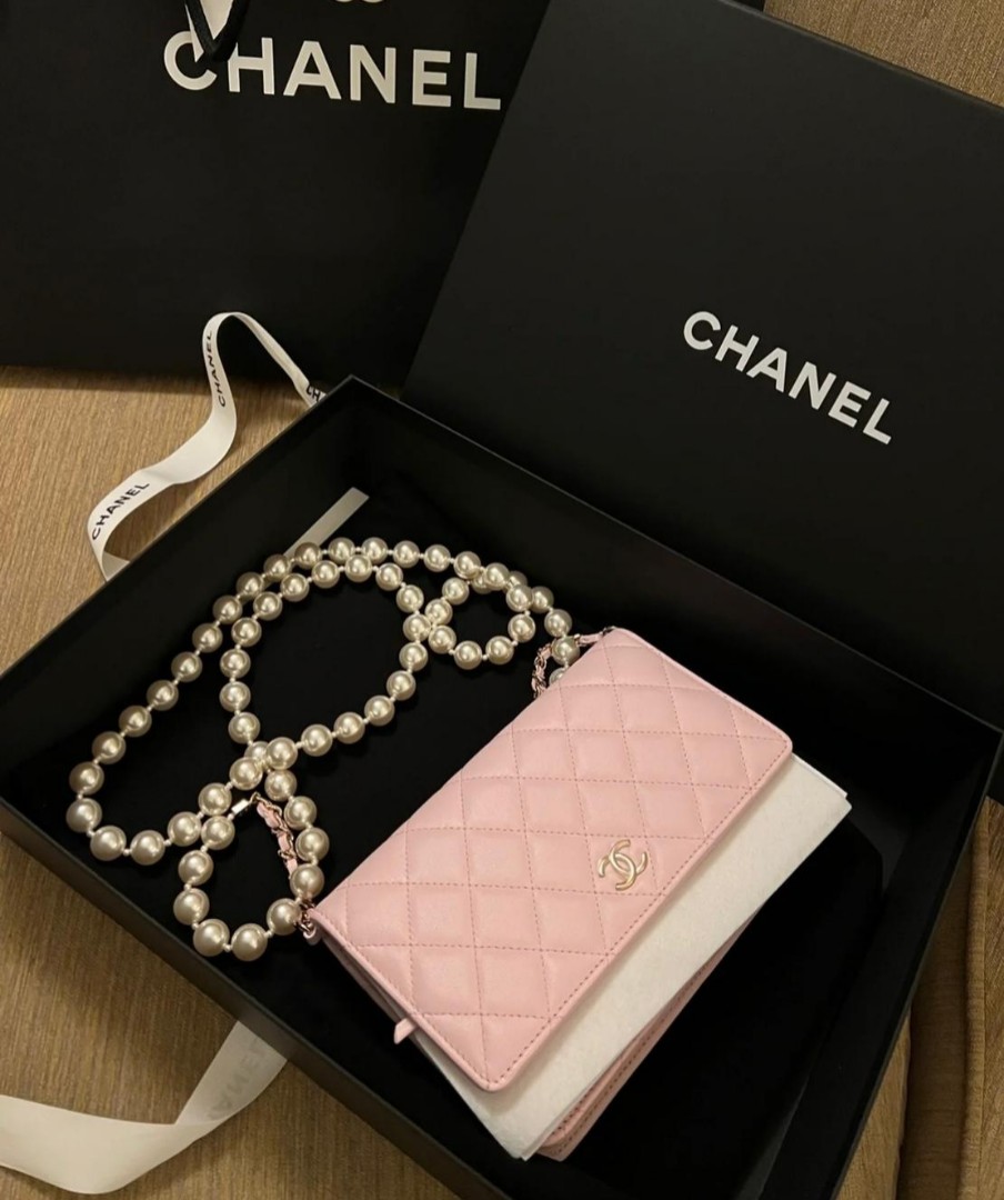 Chanel 22A Wallet on Chain WOC Pearl Chain in Light Pink, Luxury, Bags &  Wallets on Carousell