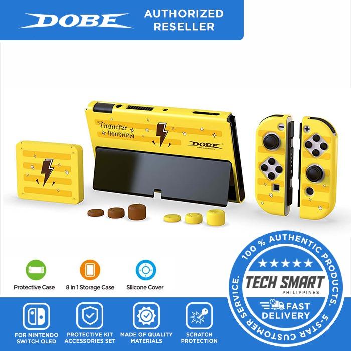 DOBE Protective Kit Accessories Set for Nintendo Switch OLED (Yellow) (Category: Cases & Covers) located in Manila. Submitted by techsmartph (Listing ID 1167252316, Image 1). Description: * Package includes: TNS-1133 (host protective cover) * TNS-1711(Small handle crystal case) * TNS-19303 (game cassette case) * TNS-877C (yellow and brown high school and short three each, a total of 6 rocker caps) GUARANTEED ORIGINAL/AUTHENTIC ITEMS AUTHORIZED RE