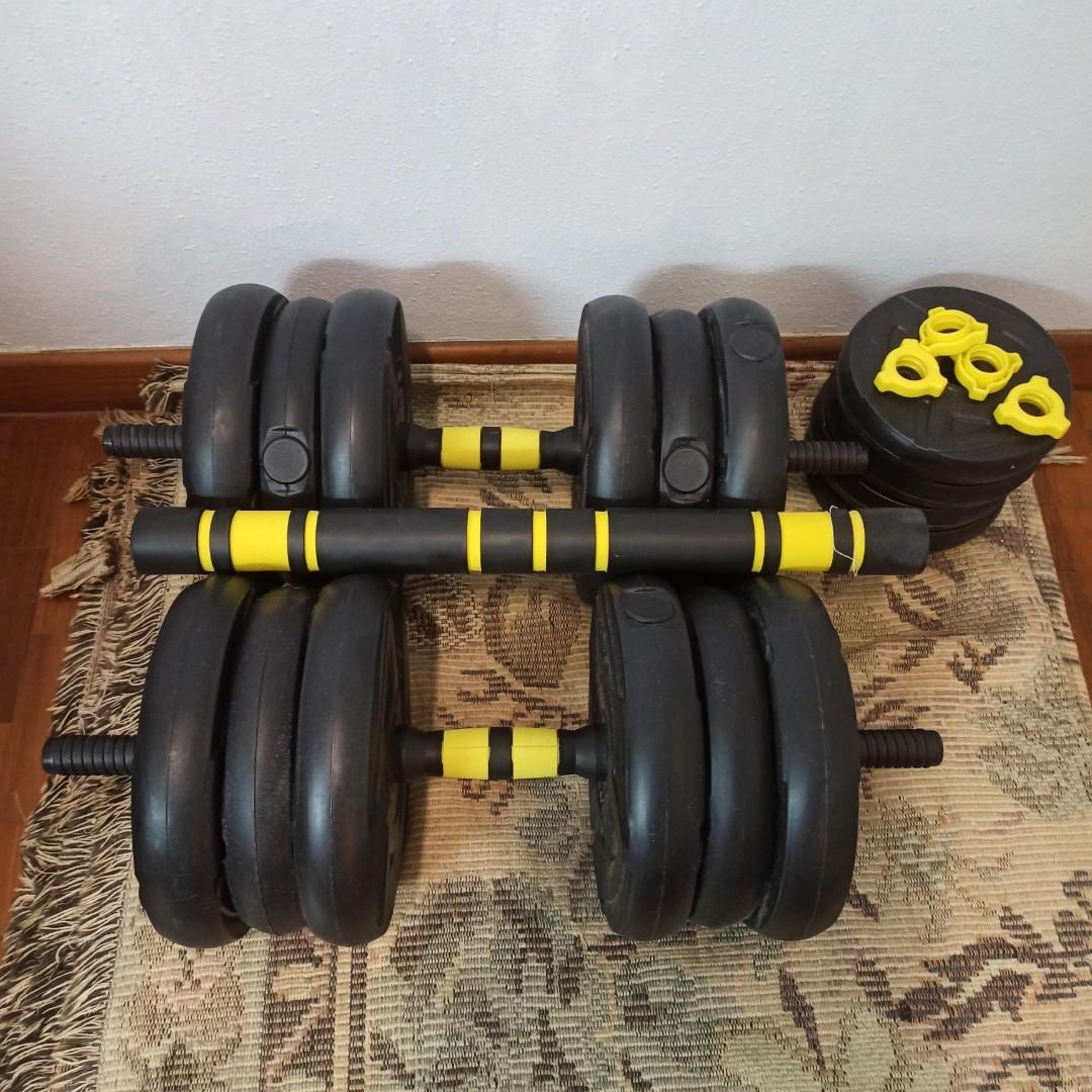 Full dumbbell set with barbell attachment, Sports Equipment, Exercise