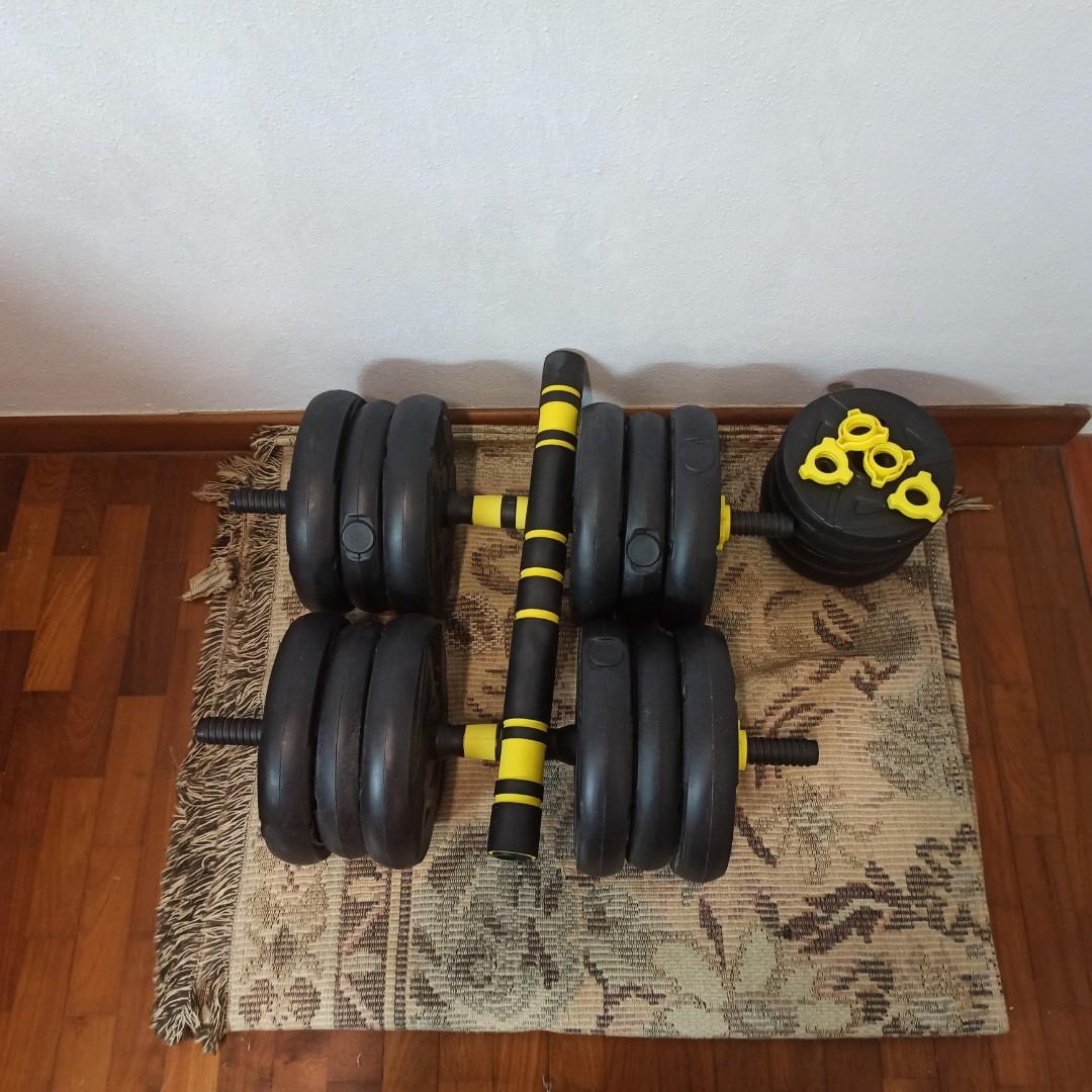 Full dumbbell set with barbell attachment, Sports Equipment, Exercise