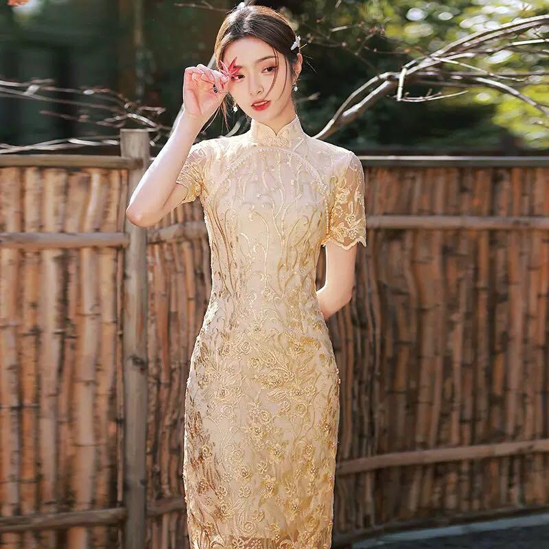 Golden Beaded Qipao Cheongsam Women s Fashion Dresses Sets