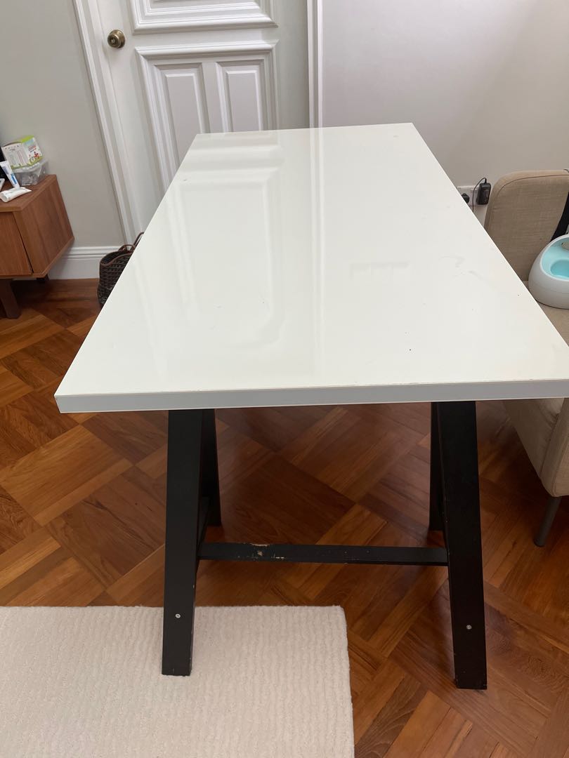 IKEA high gloss white table black legs, Furniture & Home Living