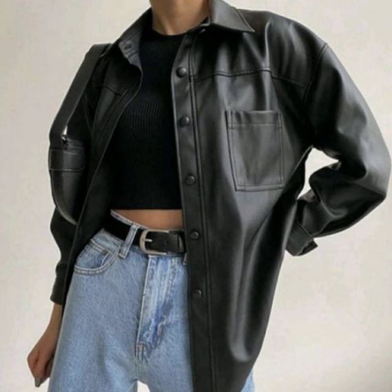 Jaket kulit/jaket leather oversize, Fesyen Wanita, Pakaian Wanita, Baju ...