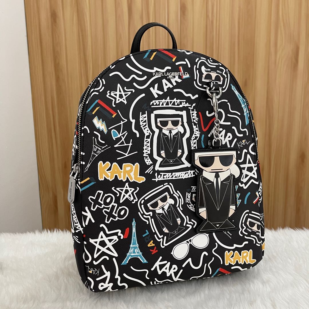 Karl Lagerfeld Backpack Graffiti Black, Women's Fashion, Bags & Wallets