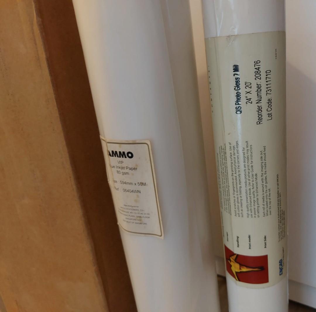 Plotter Paper (Category: Everything Else) located in Singapore. Submitted by bernfern (Listing ID 1167336276, Image 2). Description: 5 rolls of inkjet plotter paper still in packaging. 4 of the rolls in original sealed box. Measurements 594mm x 50m, 80gram. Each roll priced at $12. **BEST DEAL : All 5 rolls priced at $60 with 1 free roll photo gloss paper (24x20'')**.