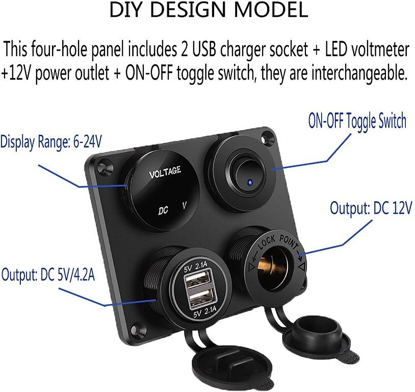 Thlevel Dual USB Car Charger Socket Panel with 12V Lighter Socket