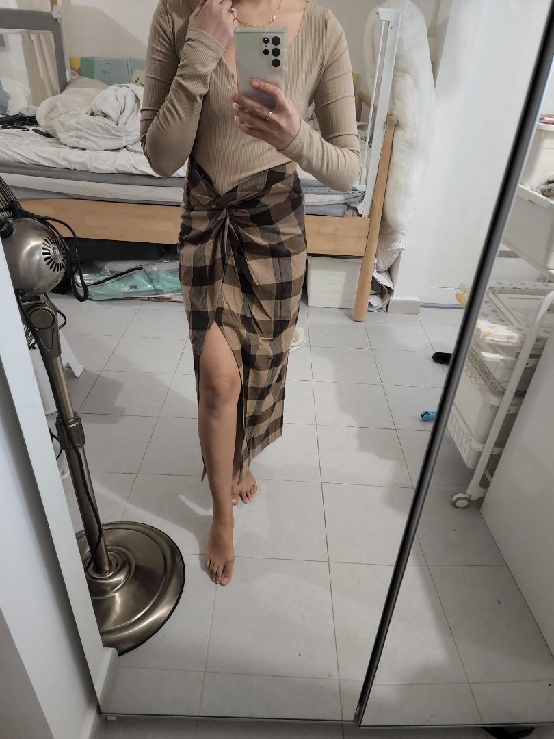 Zara Brown Checkerd Plaid High Waisted Midi Skirt with Slit
