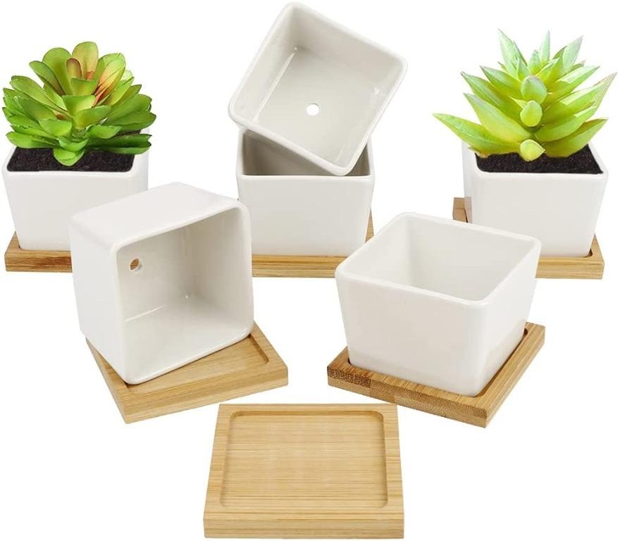 6 Pcs Small Ceramic Plant Pots 2.6'' with Free Bamboo Tray For Succulent Cactus 