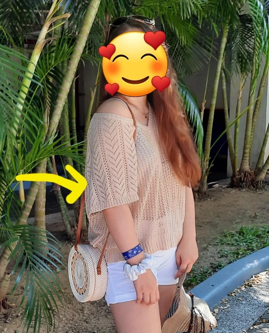 agplus Knitted See-through Summer Top Cover-up (Category: Others Tops) located in Caloocan City. Submitted by preloved.items8 (Listing ID 1167566096, Image 1). Description: Looks elegant when worn. Free Size, pwedeng cover-up sa sando or swimsuit. Color: Beige/light brown RFS: Decluttering.