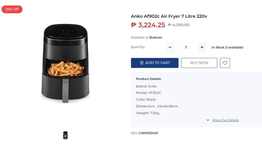Anko Af902c Air Fryer 7 Litre 220v, TV & Home Appliances, Kitchen