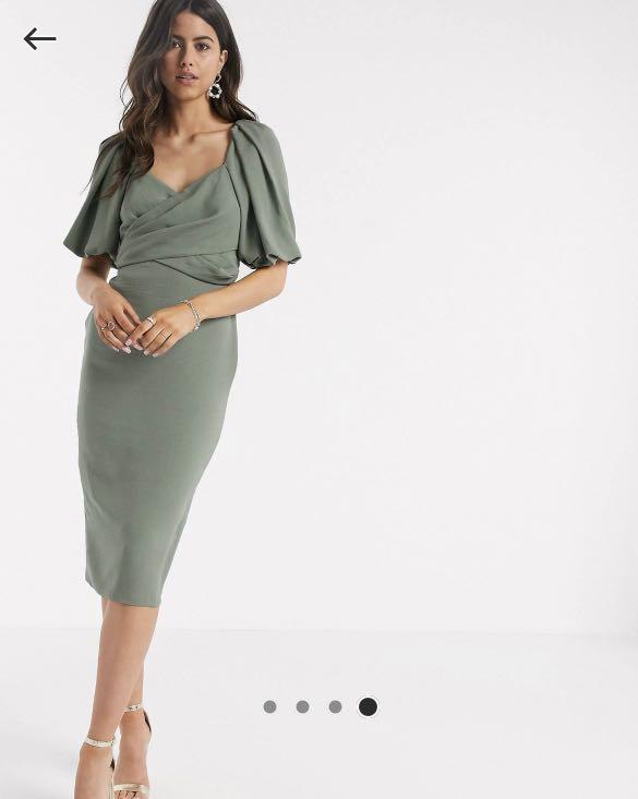 ASOS Design Wrap Front Midi Dress Puff 