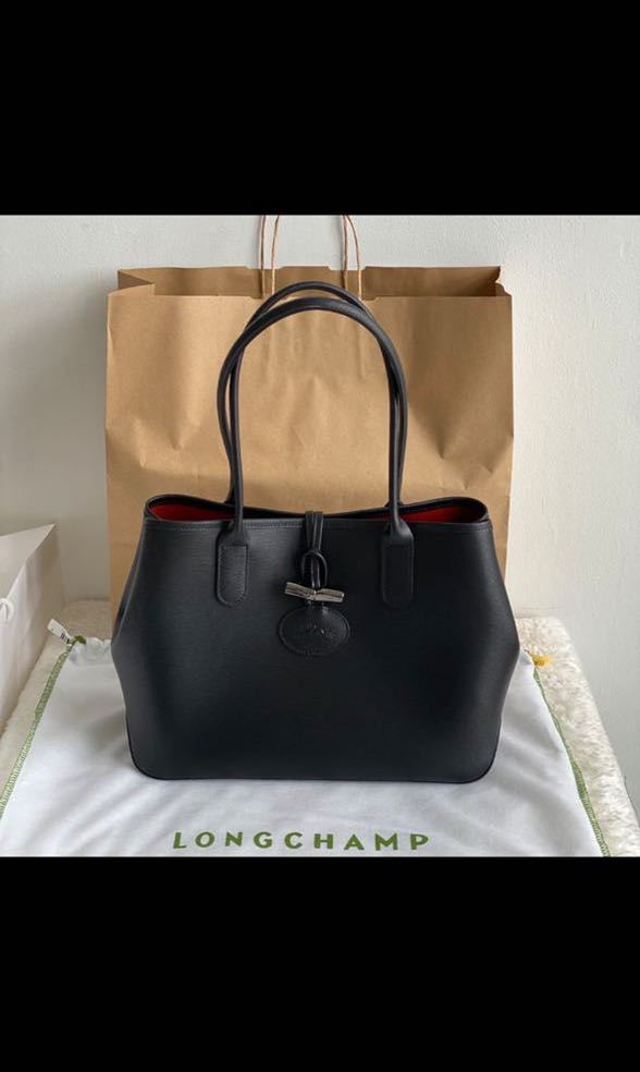 Longchamp Leather Tote Shoulder Bag Black Roseau
