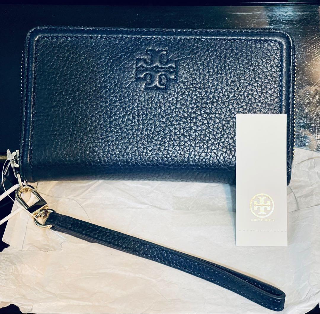 TORY BURCH Iphone Zip Around Wristlet Robinson Wallet Leather Navy Blue