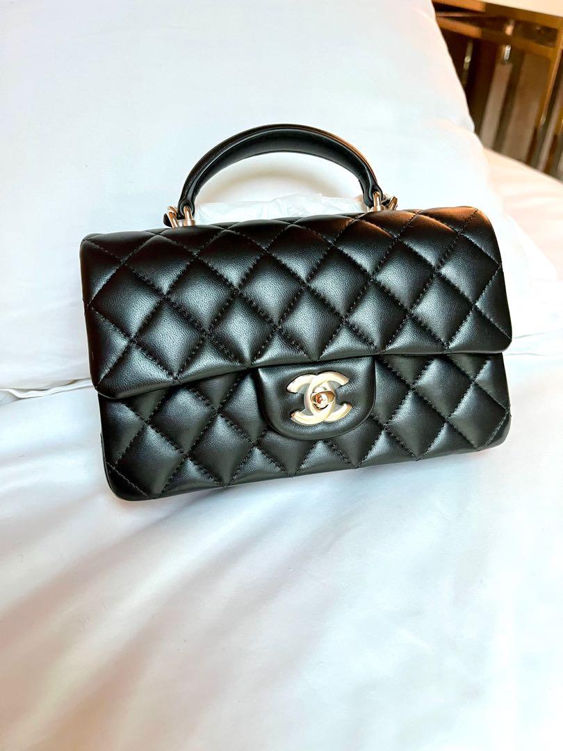 Chanel Rectangular Mini Flap Bag with Top Handle Black Lambskin Antique  Gold Hardware