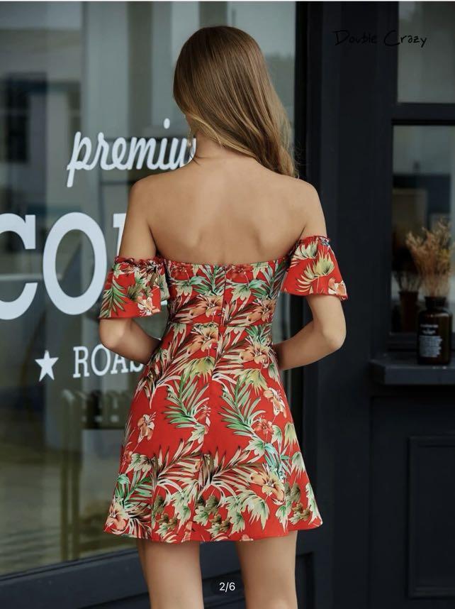 Shein Double Crazy Tropical Print Drawstring Peekaboo Bardot Dress