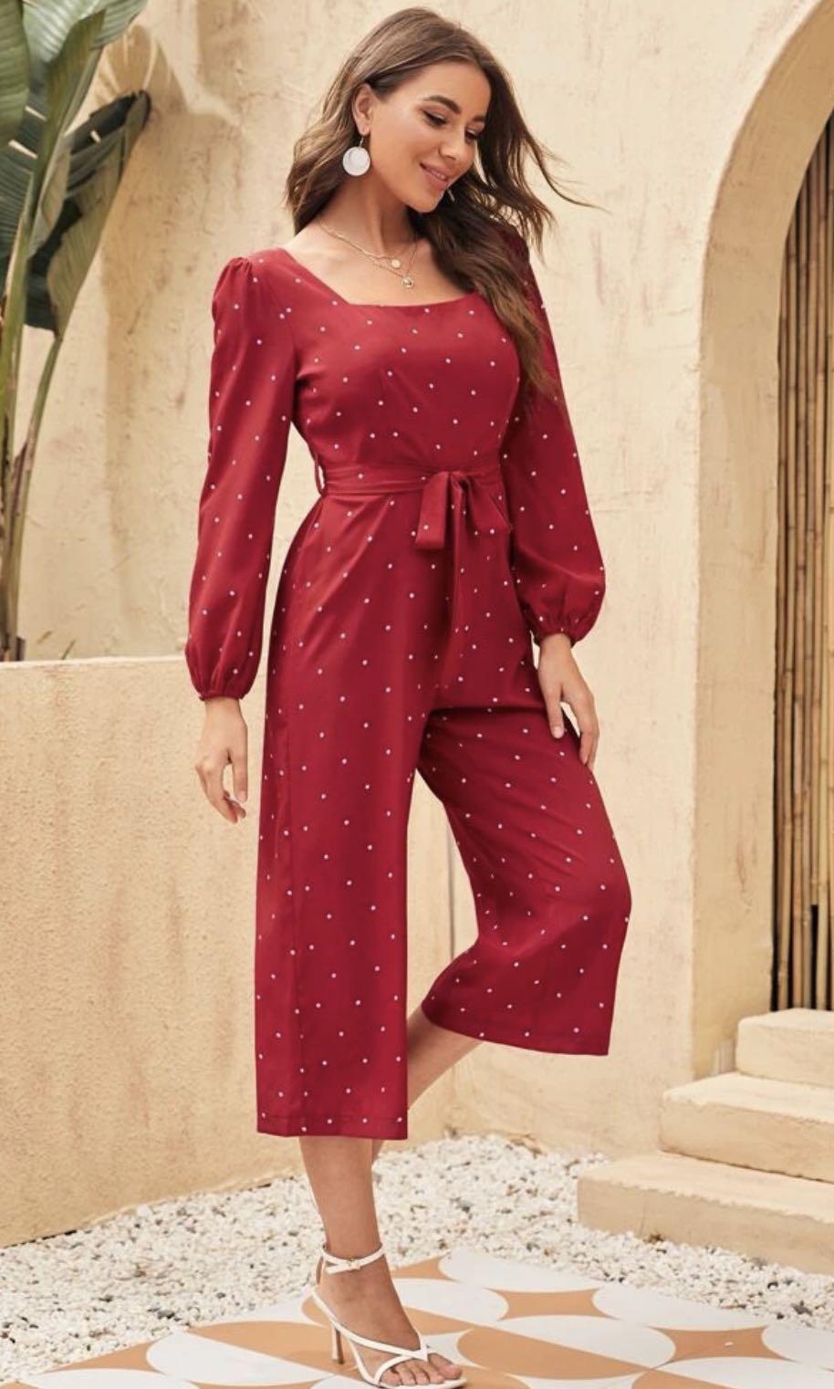 SHEIN Square Neck Polka Dot Belted Culotte Jumpsuit Women s