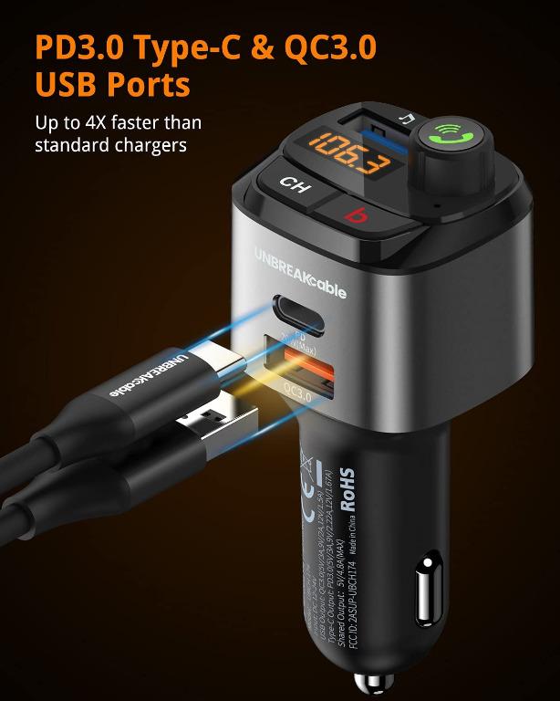 UNBREAKcable Bluetooth FM Transmitter, Wireless Bluetooth 5.0 Car Radio Adapter, HandsFree