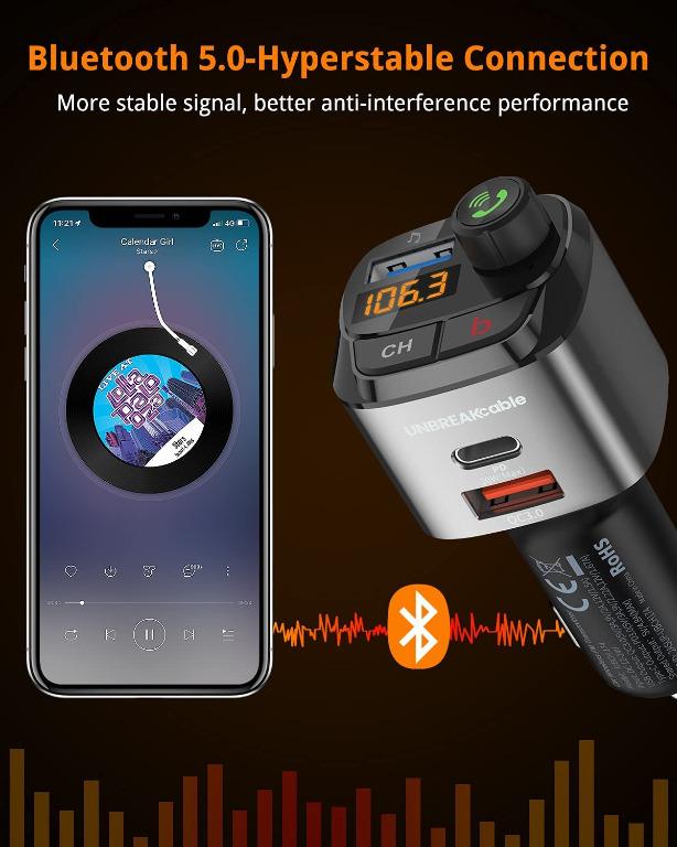 UNBREAKcable Bluetooth 5.0 FM Transmitter for Car, [PD 20W + QC 3.0]  [Stronger Microphone & HiFi Bass Sound] Cigarette Lighter Radio Music  Adapter
