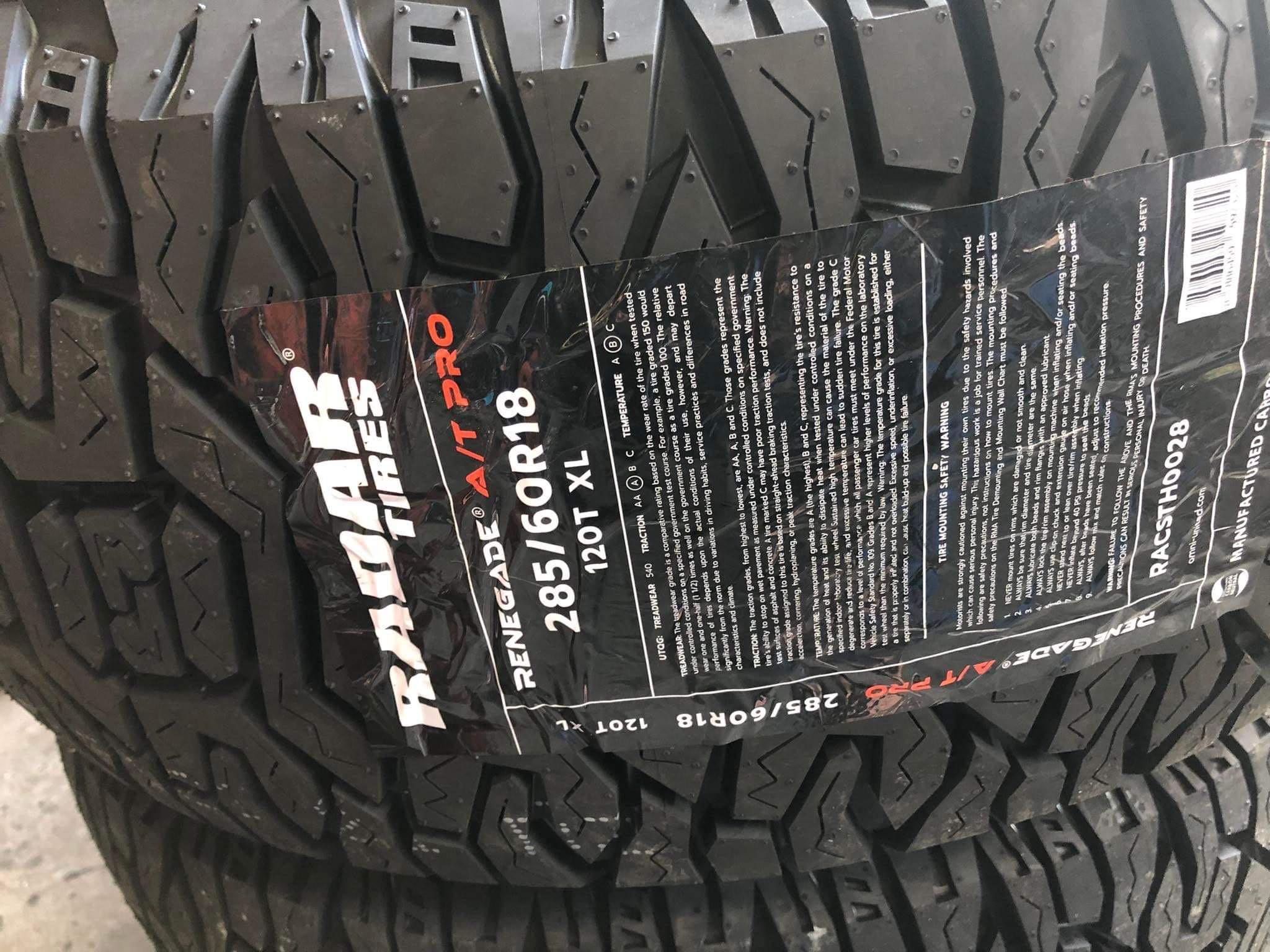 285-60-r18 Radar AT Pro Renegade Bnew tire all terrain, Car Parts